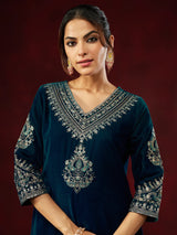 Teal Blue Velvet Zari Embroidered Straight Kurta Set for Women