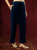 Teal Blue Velvet Zari Embroidered Straight Kurta Set for Women