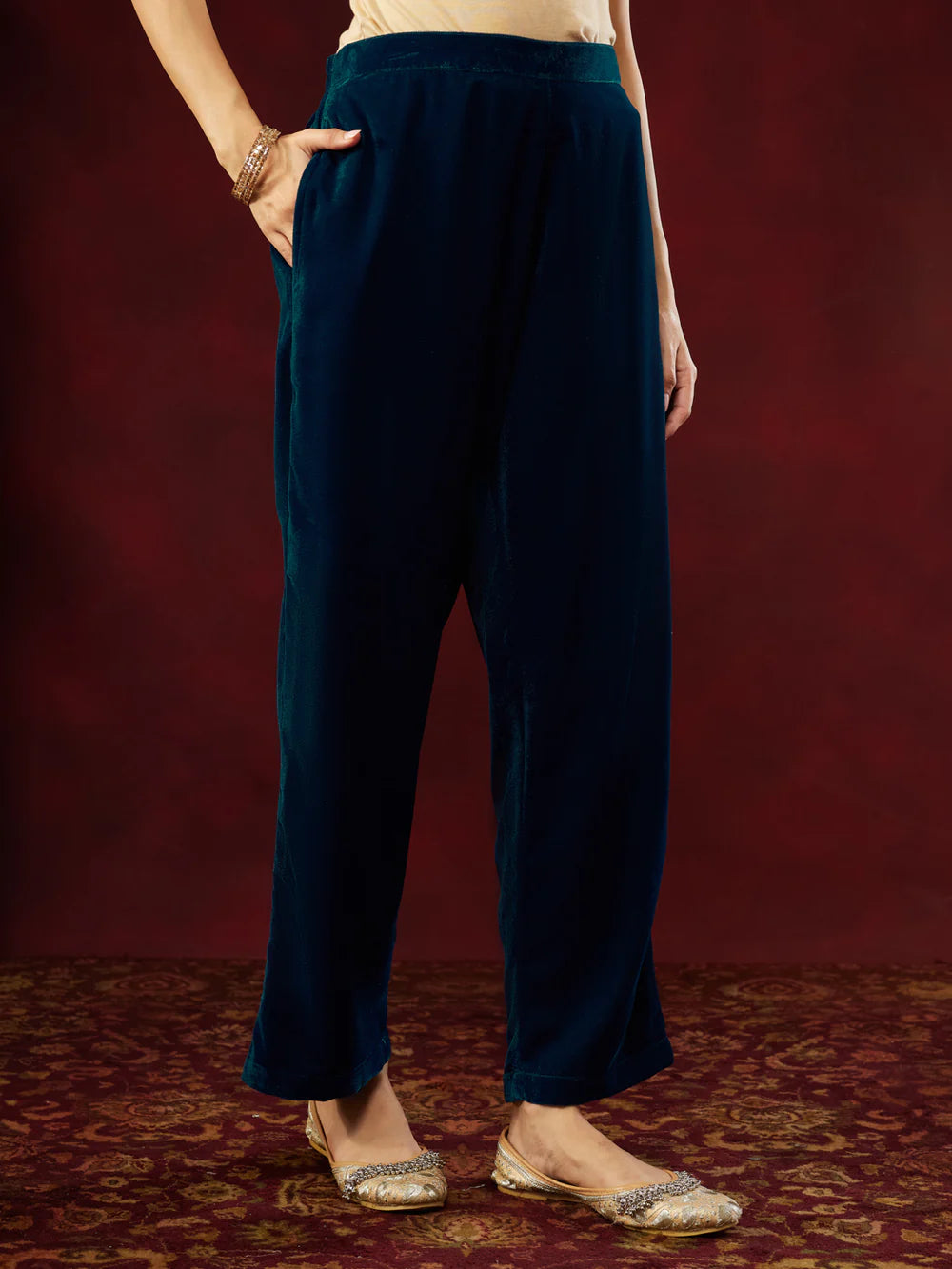 Teal Blue Velvet Zari Embroidered Straight Kurta Set for Women