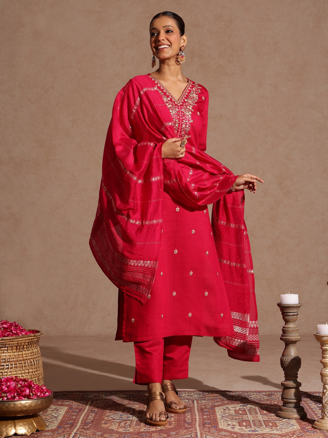 Women's Pink Silk Blend Embroidered Straight Kurta Set