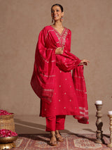 Women's Pink Silk Blend Embroidered Straight Kurta Set