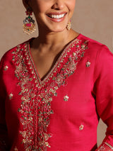 Women's Pink Silk Blend Embroidered Straight Kurta Set