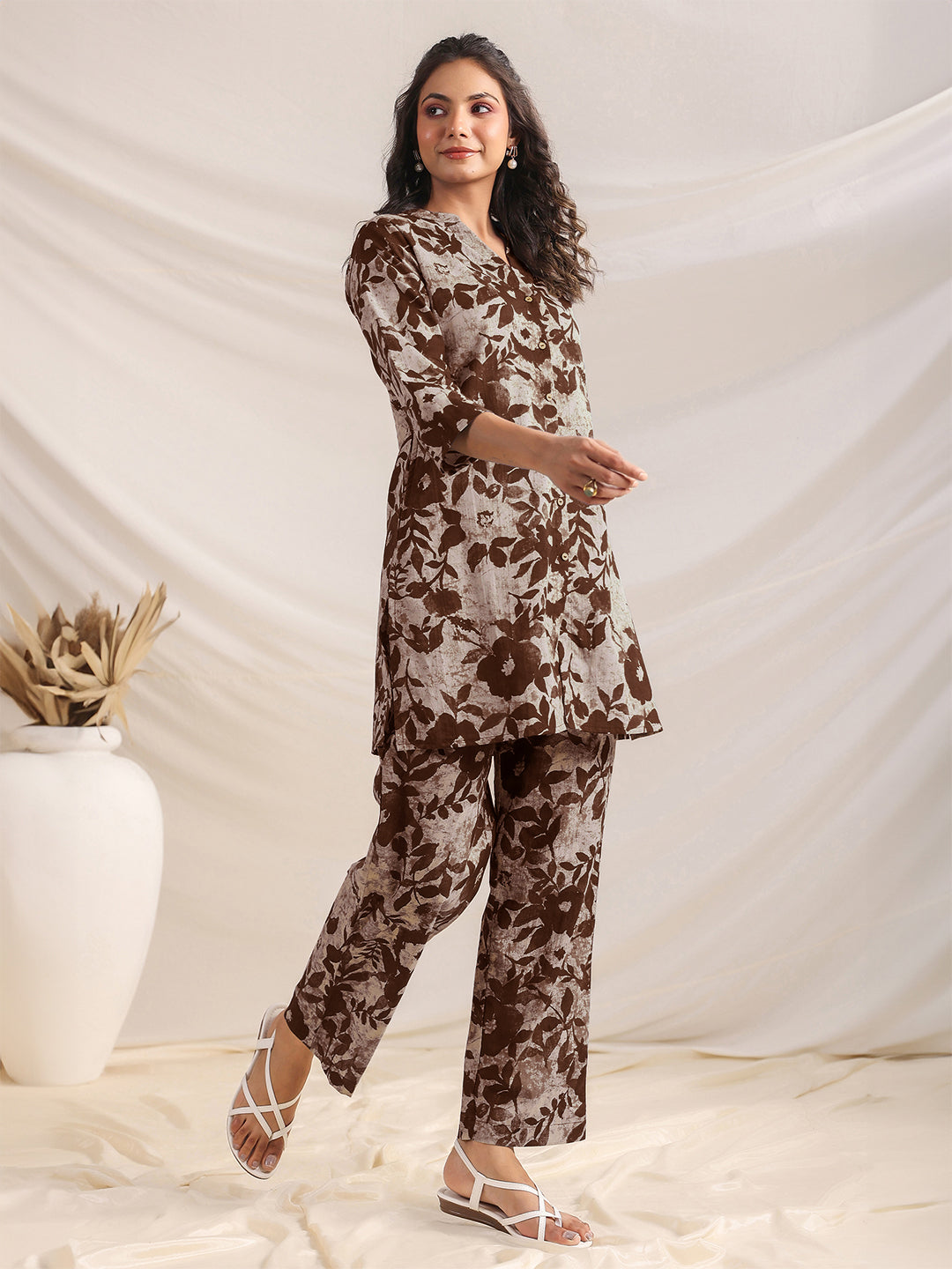 Brown Pure Cotton Floral Printed Straight Co-ord Set