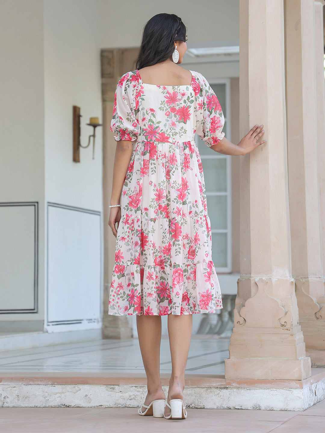Cream Georgette Floral Printed Tiered Dress