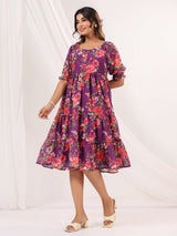 Women's Purple Georgette Floral Printed Tiered Dress