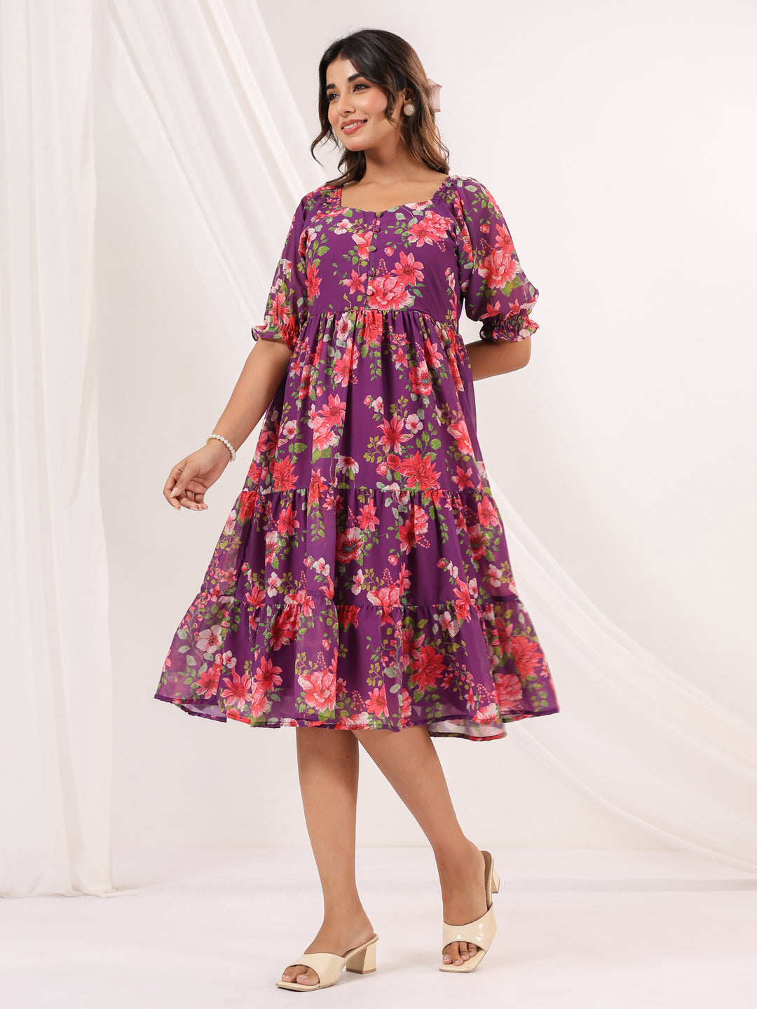 Women's Purple Georgette Floral Printed Tiered Dress
