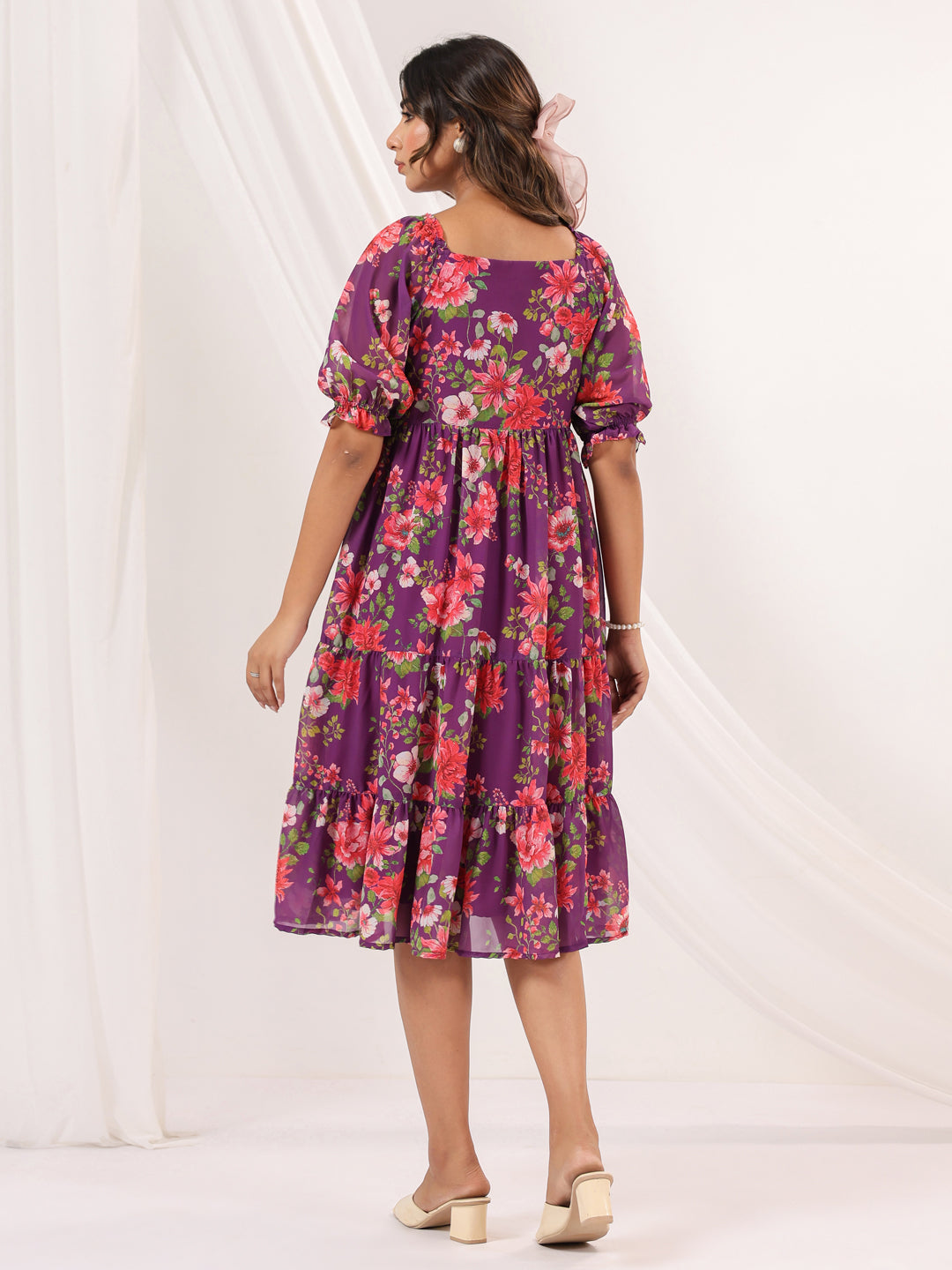 Women's Purple Georgette Floral Printed Tiered Dress