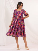 Women's Purple Georgette Floral Printed Tiered Dress