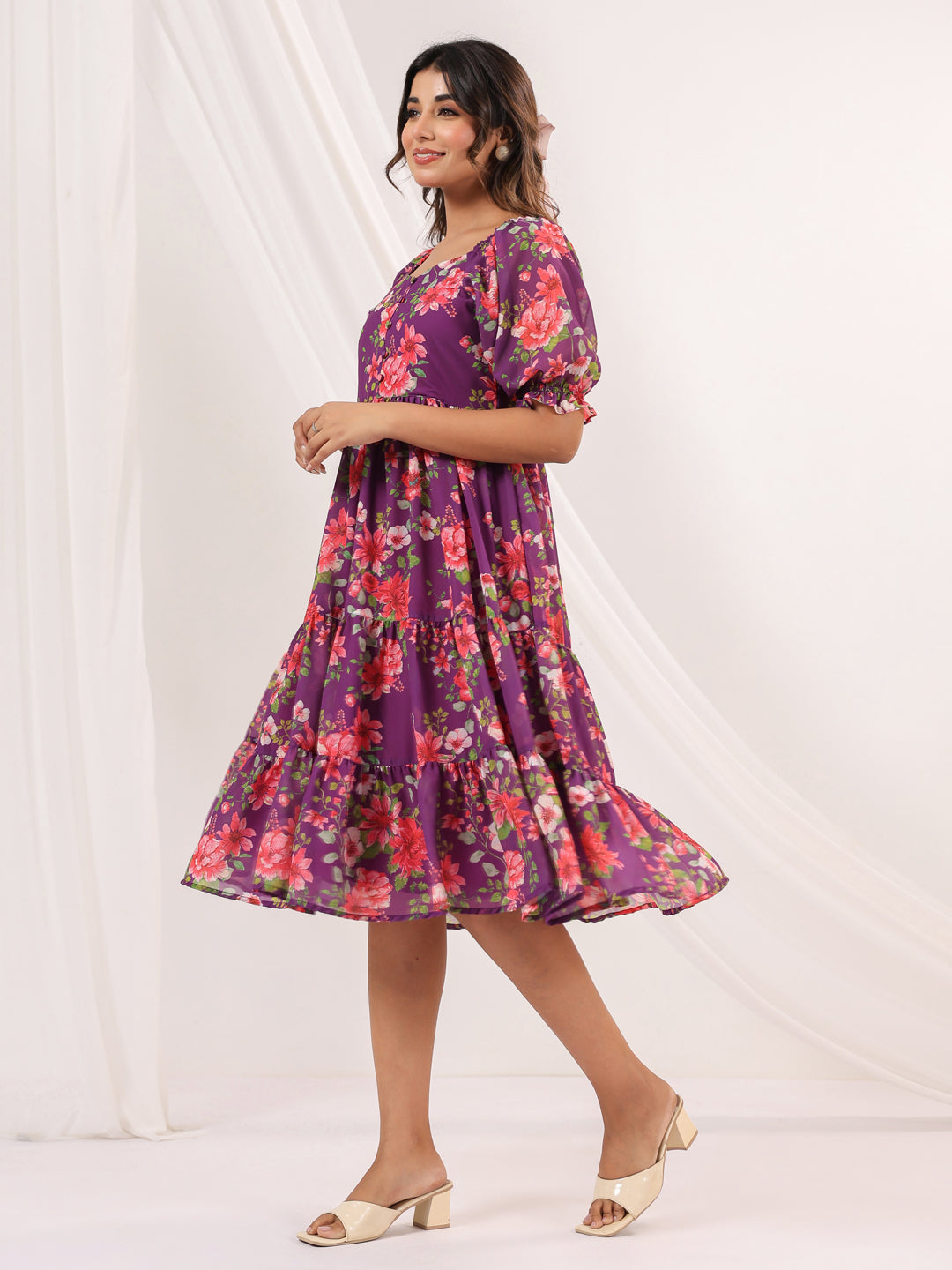 Women's Purple Georgette Floral Printed Tiered Dress