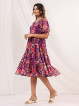 Women's Purple Georgette Floral Printed Tiered Dress