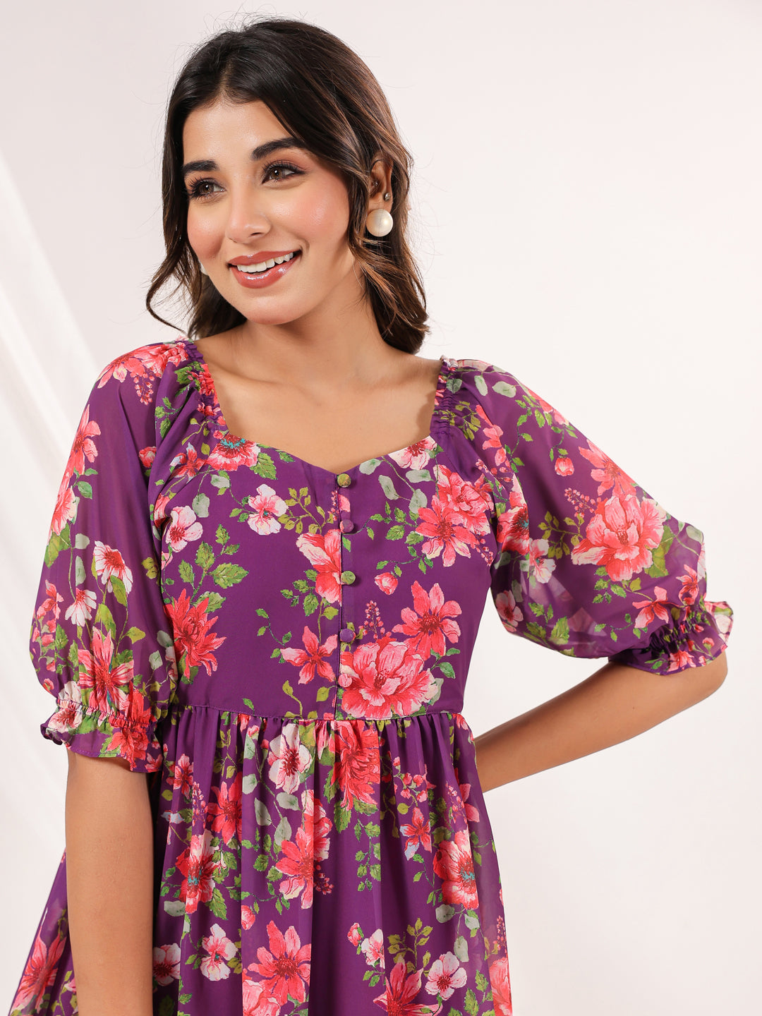 Women's Purple Georgette Floral Printed Tiered Dress