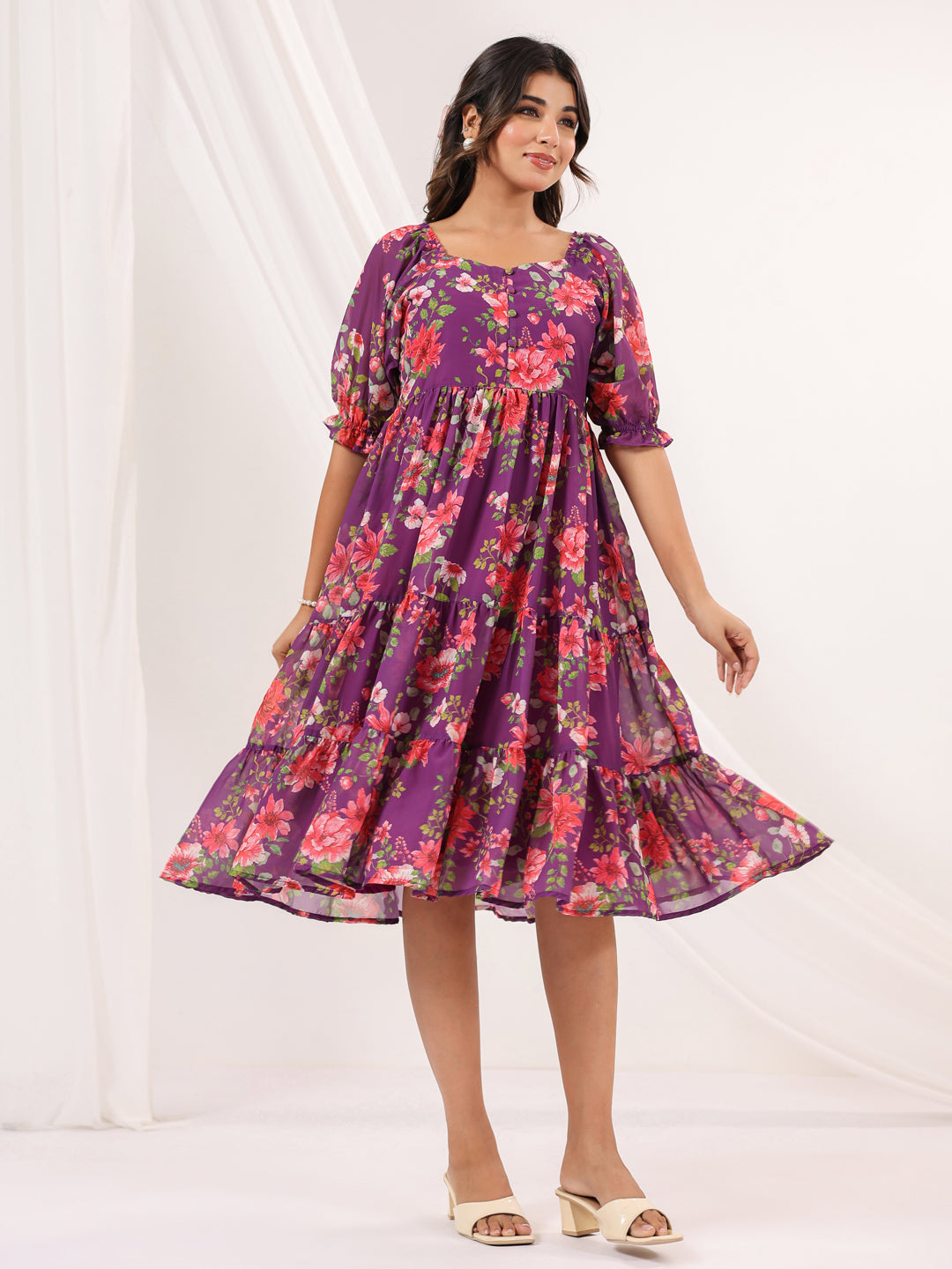 Women's Purple Georgette Floral Printed Tiered Dress