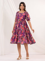 Women's Purple Georgette Floral Printed Tiered Dress