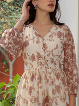 Brown Dobby Georgette Floral Printed Fit & Flare Dress