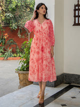 Coral Pink Georgette Floral Printed Fit & Flare Dress