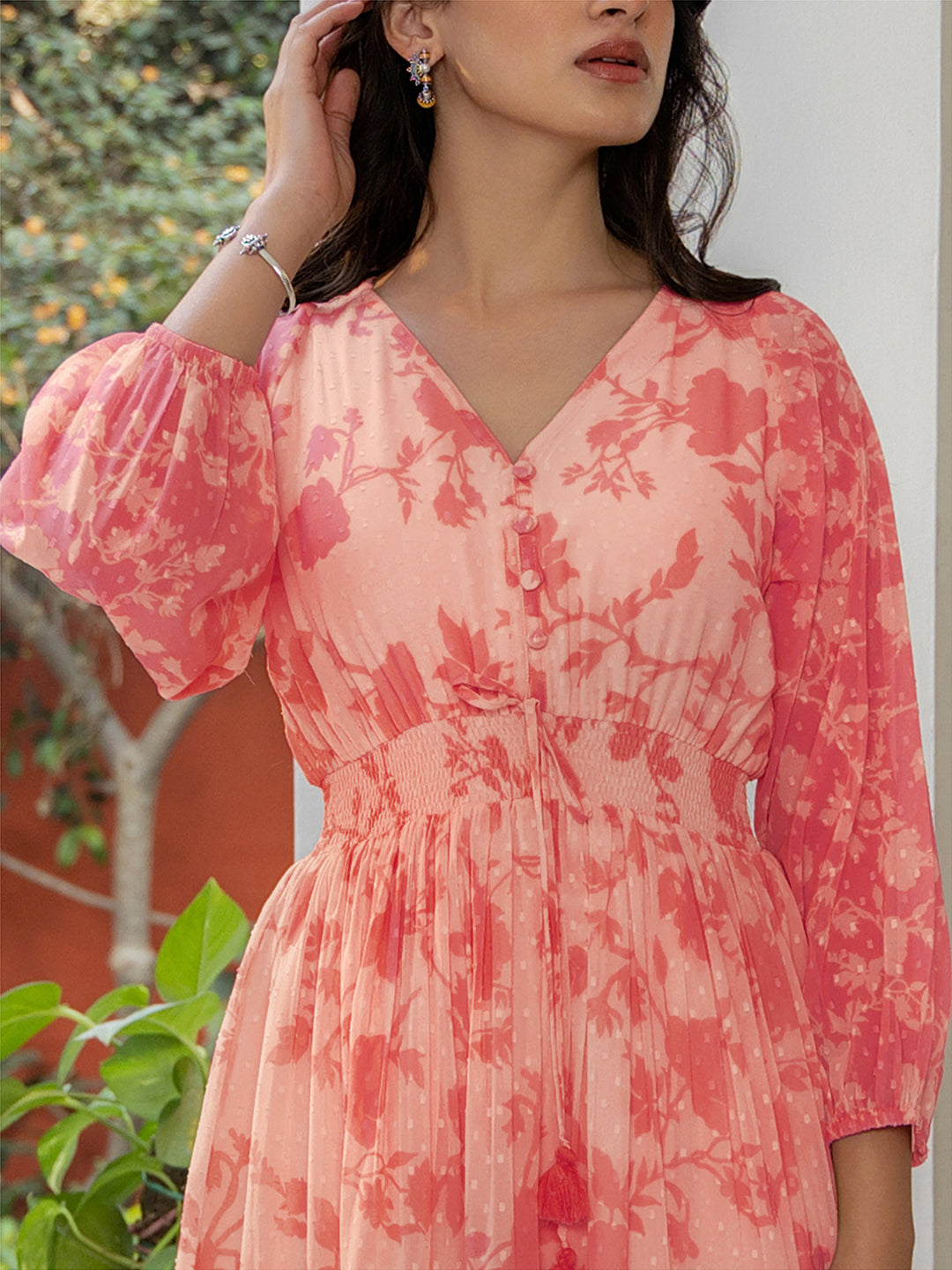 Coral Pink Georgette Floral Printed Fit & Flare Dress