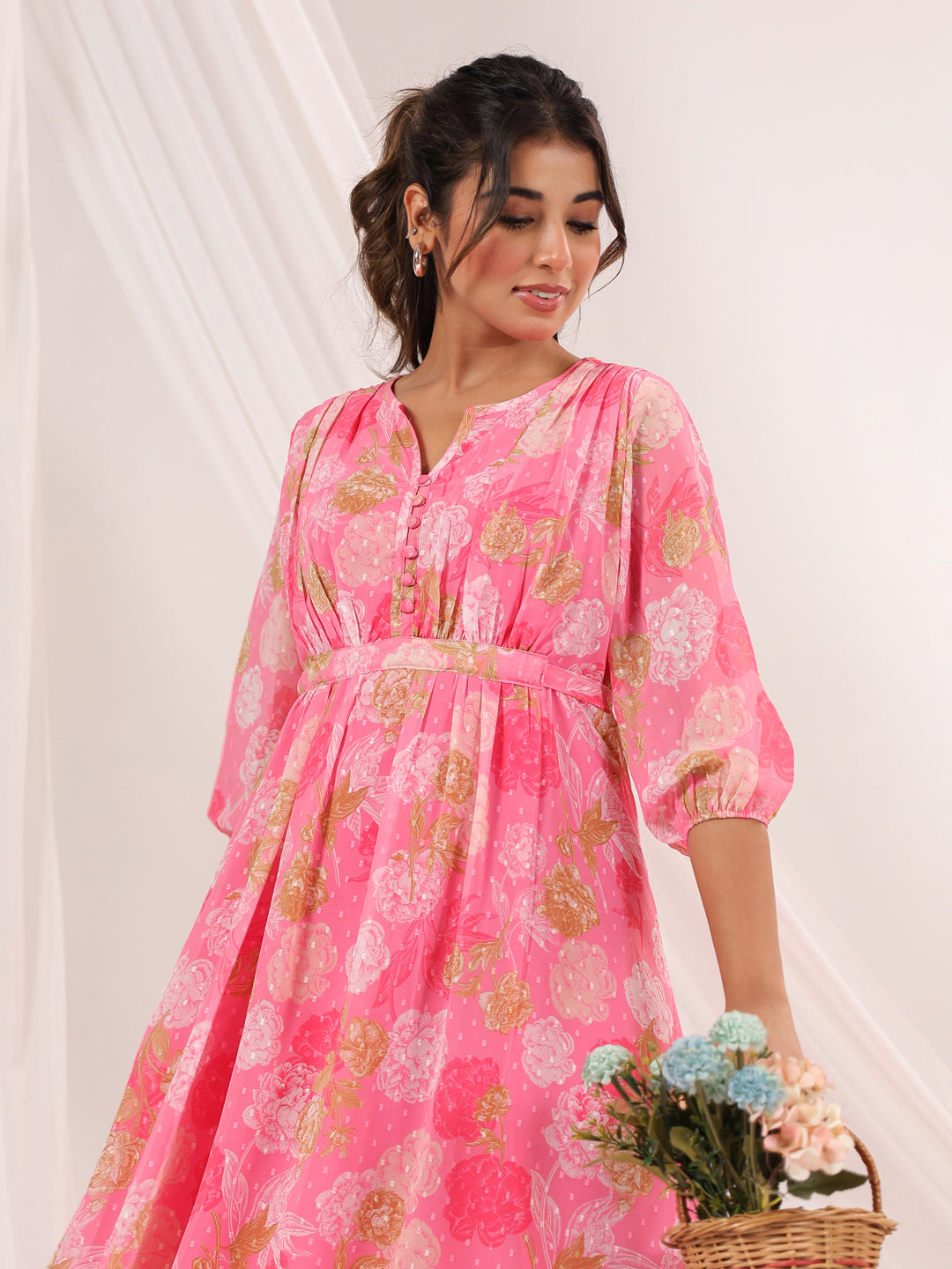 Women's Pink Georgette Floral Printed A-line Dress