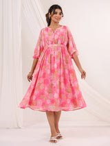 Women's Pink Georgette Floral Printed A-line Dress