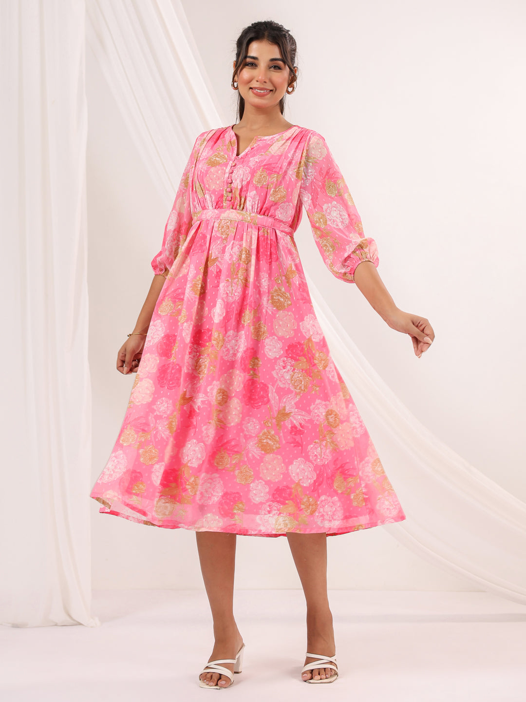 Women's Pink Georgette Floral Printed A-line Dress