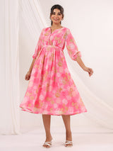 Women's Pink Georgette Floral Printed A-line Dress