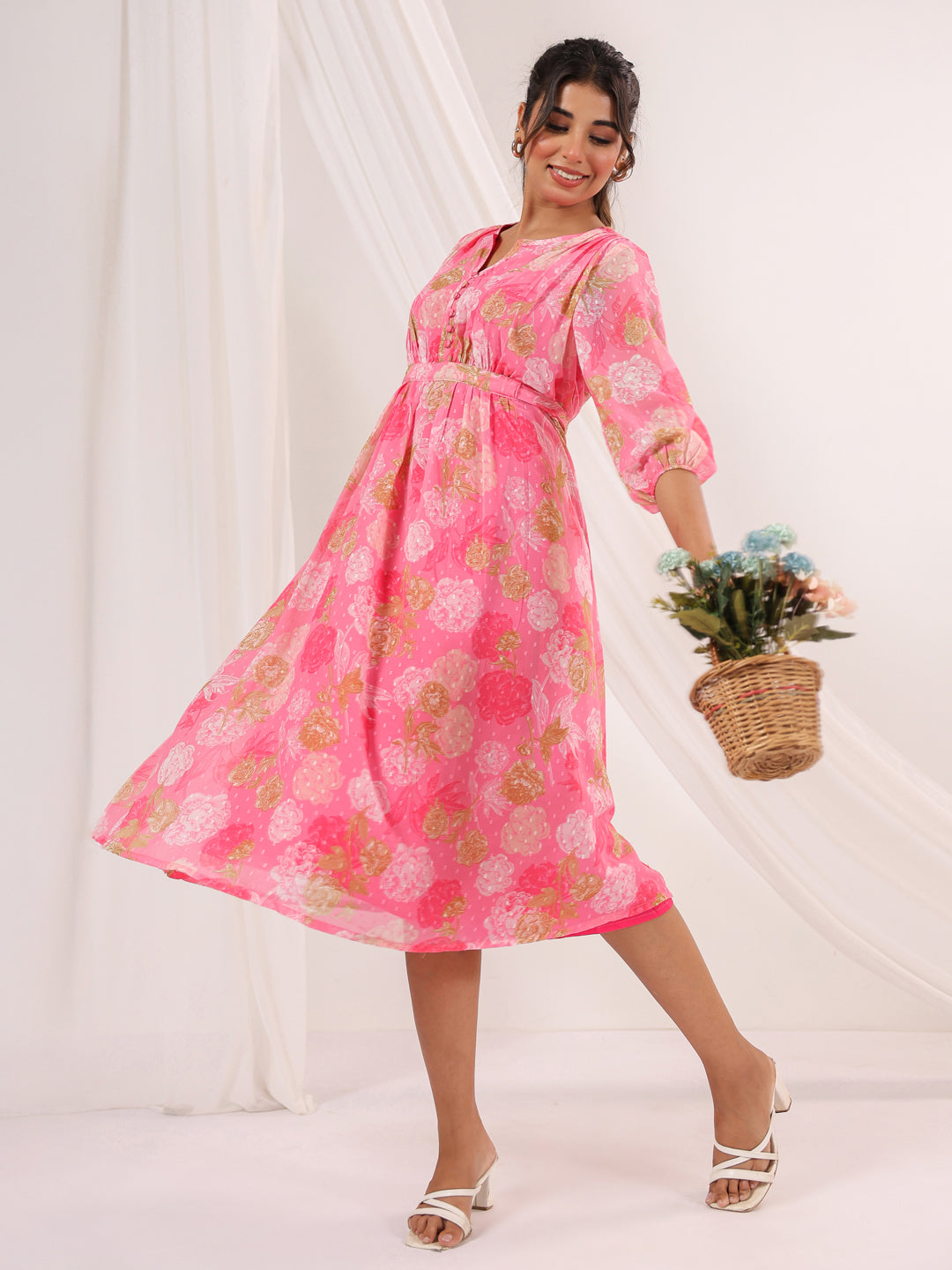 Women's Pink Georgette Floral Printed A-line Dress