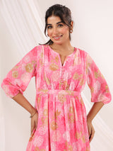 Women's Pink Georgette Floral Printed A-line Dress