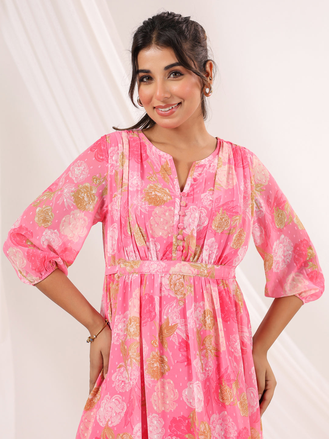 Women's Pink Georgette Floral Printed A-line Dress