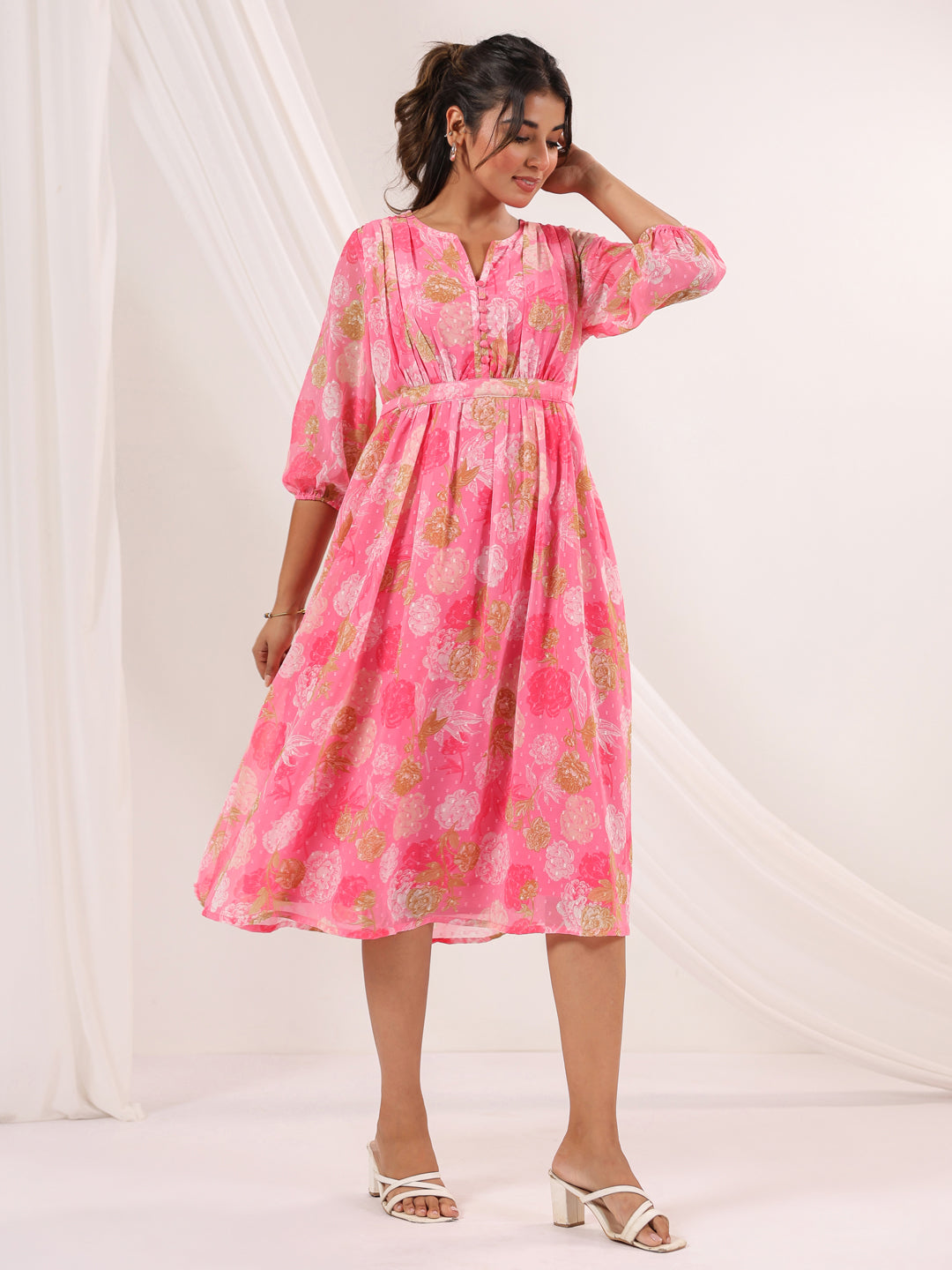 Women's Pink Georgette Floral Printed A-line Dress