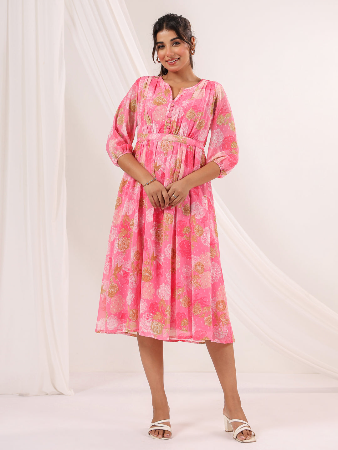 Women's Pink Georgette Floral Printed A-line Dress