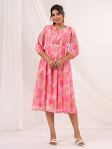 Women's Pink Georgette Floral Printed A-line Dress