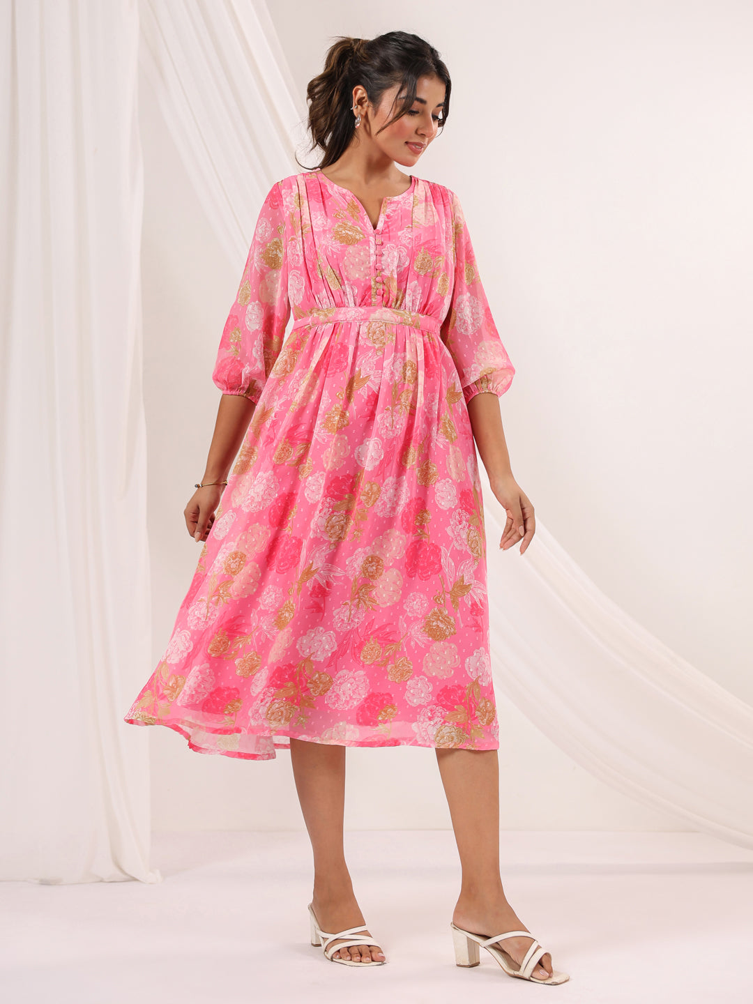 Women's Pink Georgette Floral Printed A-line Dress