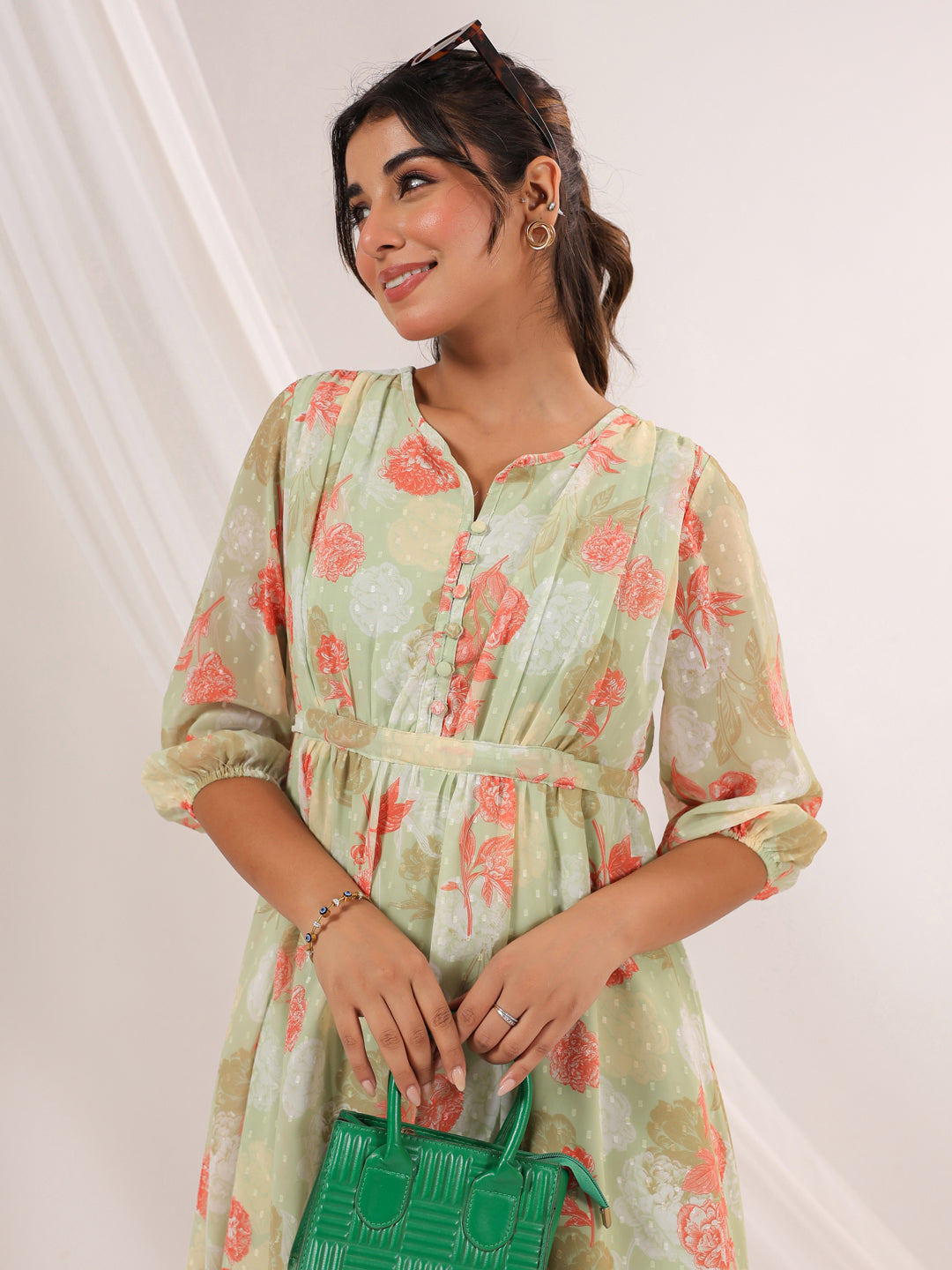 Women's Light Green Georgette Floral Printed A-line Dress