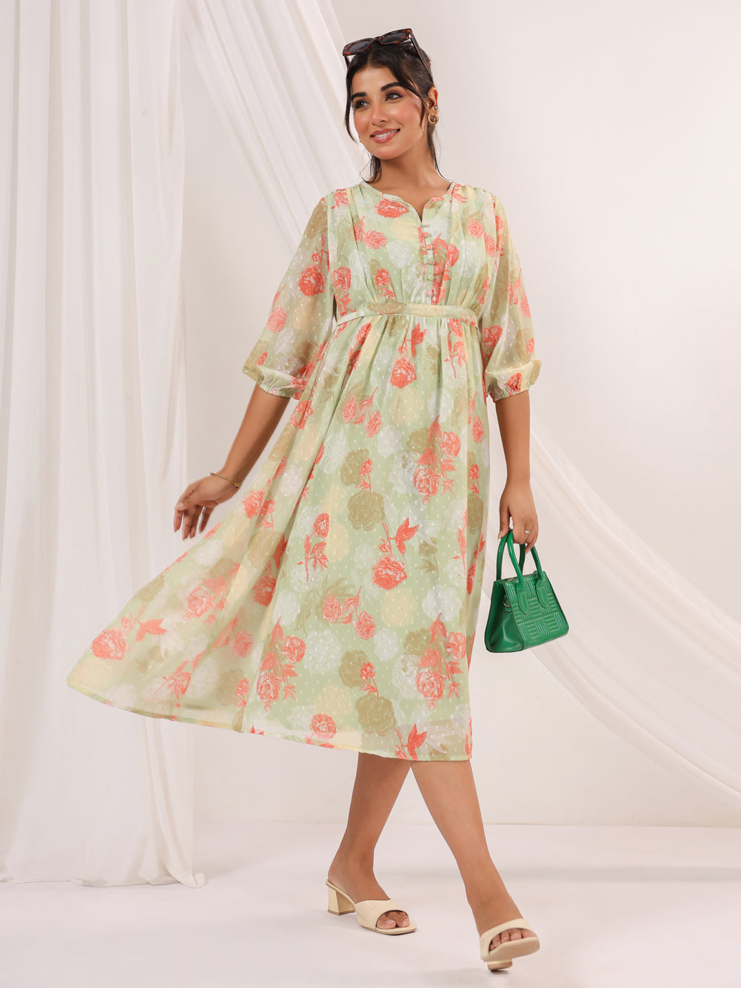 Women's Light Green Georgette Floral Printed A-line Dress