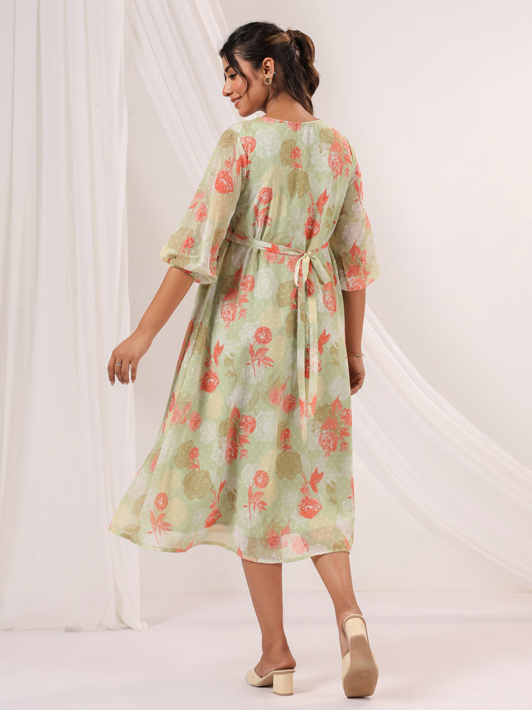 Women's Light Green Georgette Floral Printed A-line Dress
