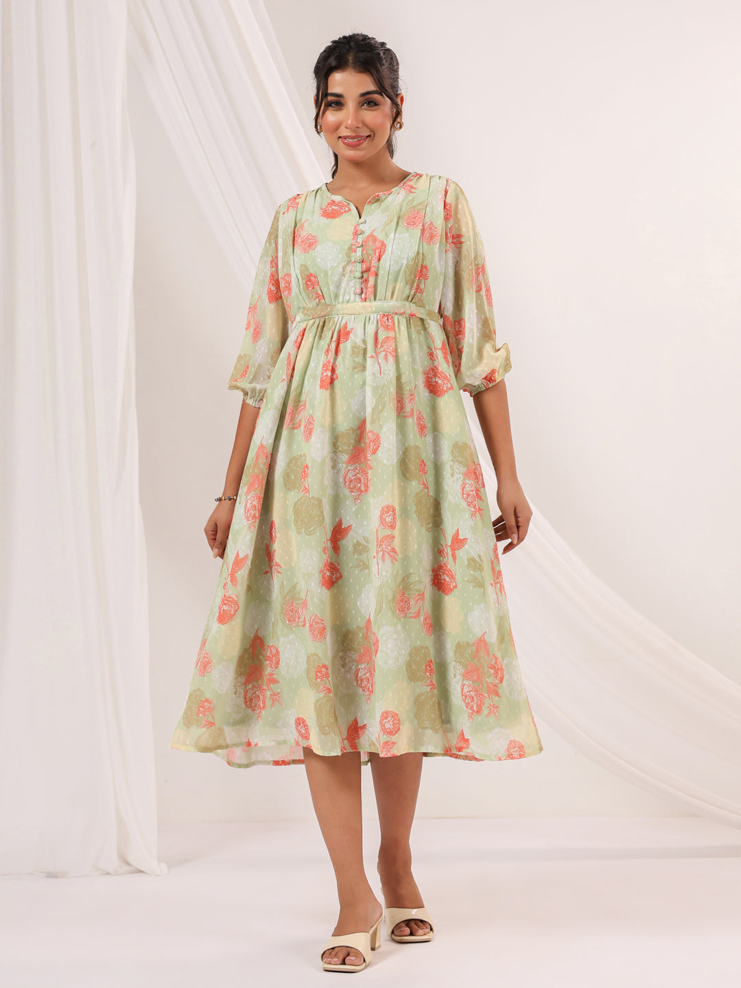 Women's Light Green Georgette Floral Printed A-line Dress