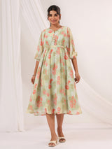 Women's Light Green Georgette Floral Printed A-line Dress