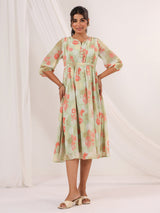 Women's Light Green Georgette Floral Printed A-line Dress