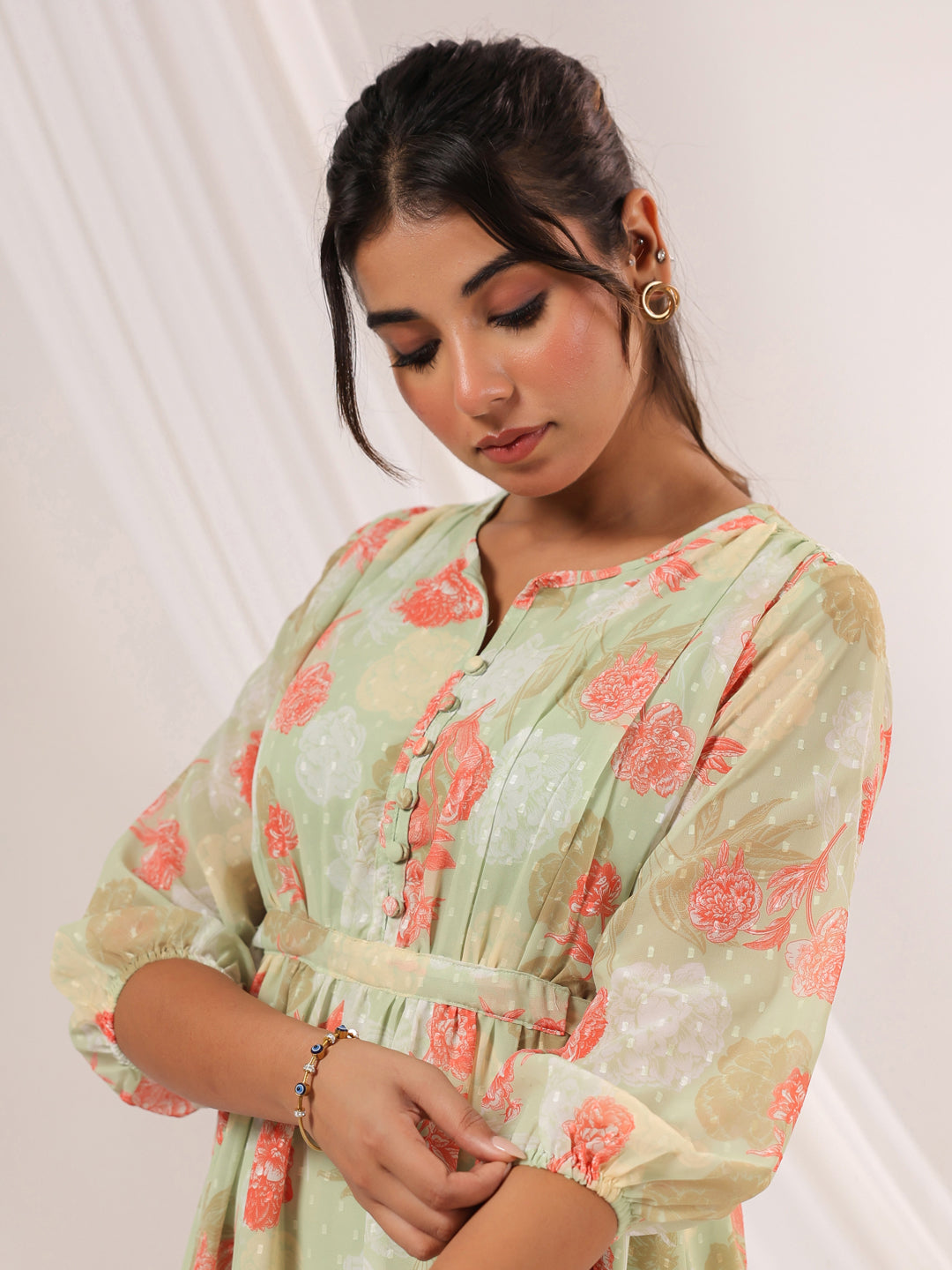 Women's Light Green Georgette Floral Printed A-line Dress