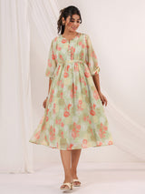 Women's Light Green Georgette Floral Printed A-line Dress