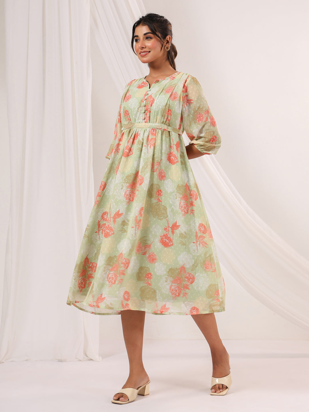 Women's Light Green Georgette Floral Printed A-line Dress
