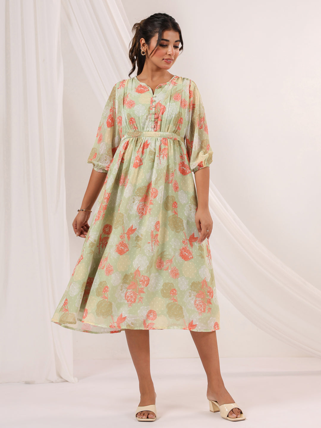 Women's Light Green Georgette Floral Printed A-line Dress