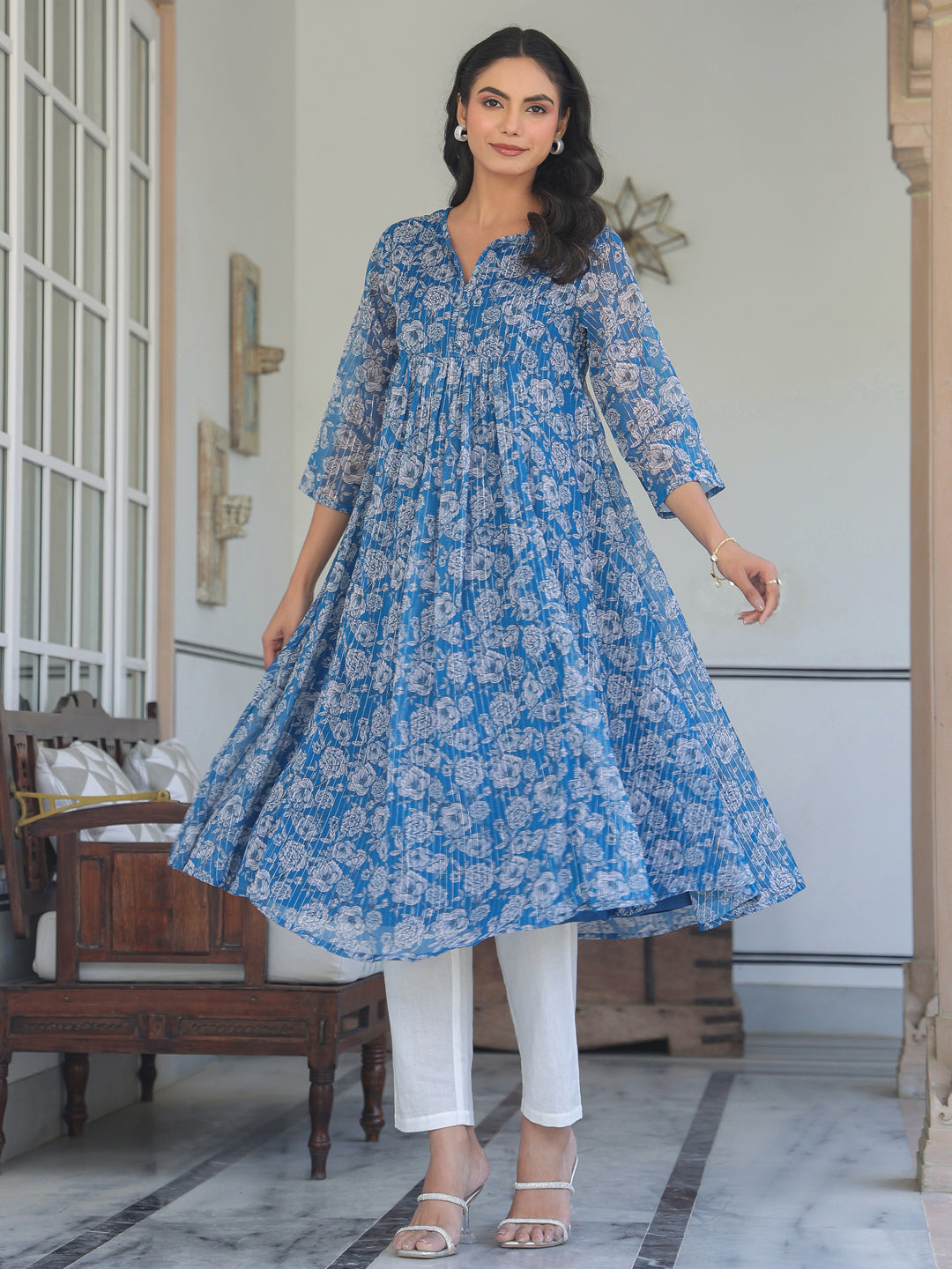 Women's Blue Chiffon Lurex Floral Printed A-line Kurta