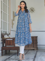 Women's Blue Chiffon Lurex Floral Printed A-line Kurta