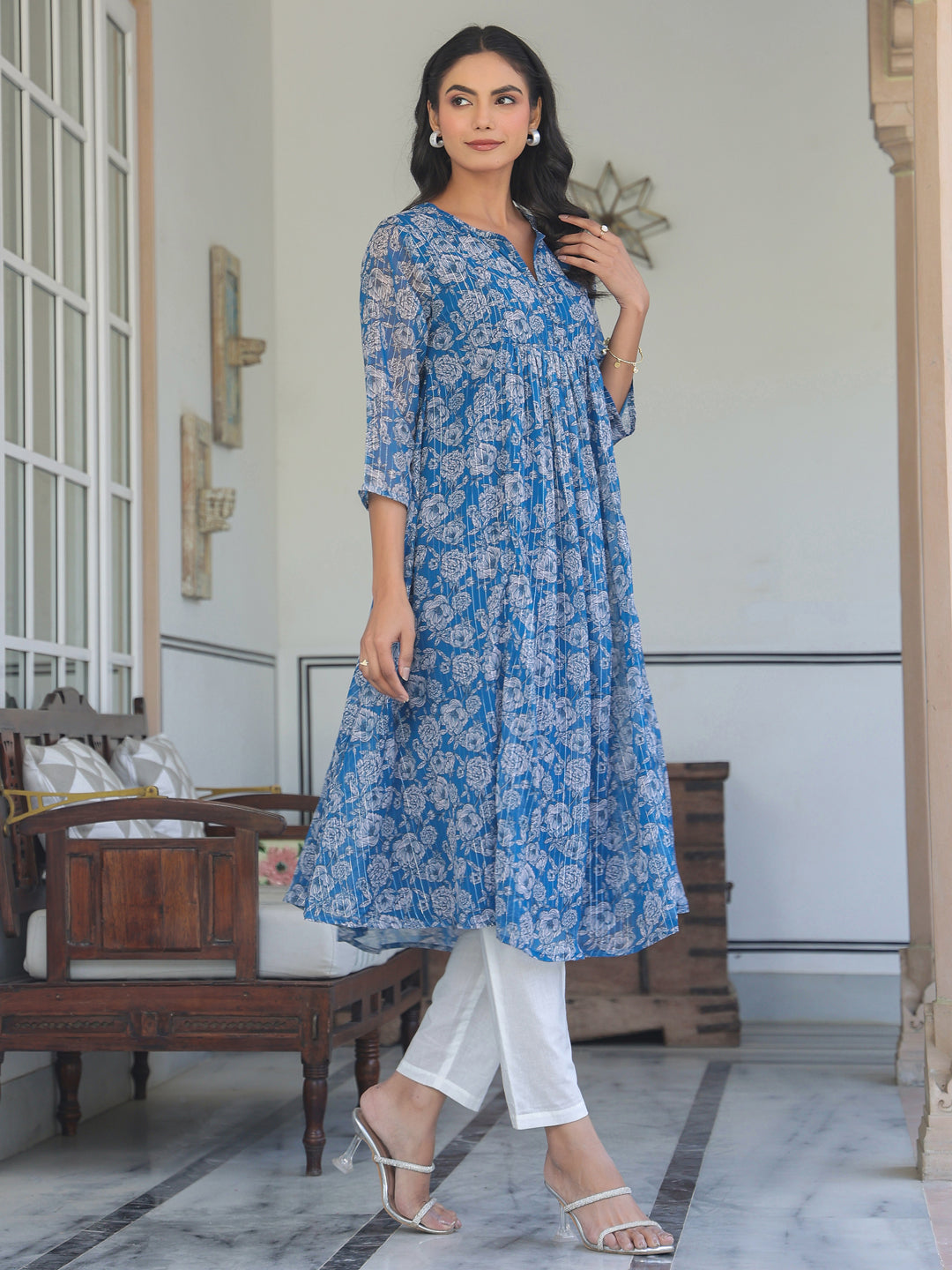 Women's Blue Chiffon Lurex Floral Printed A-line Kurta