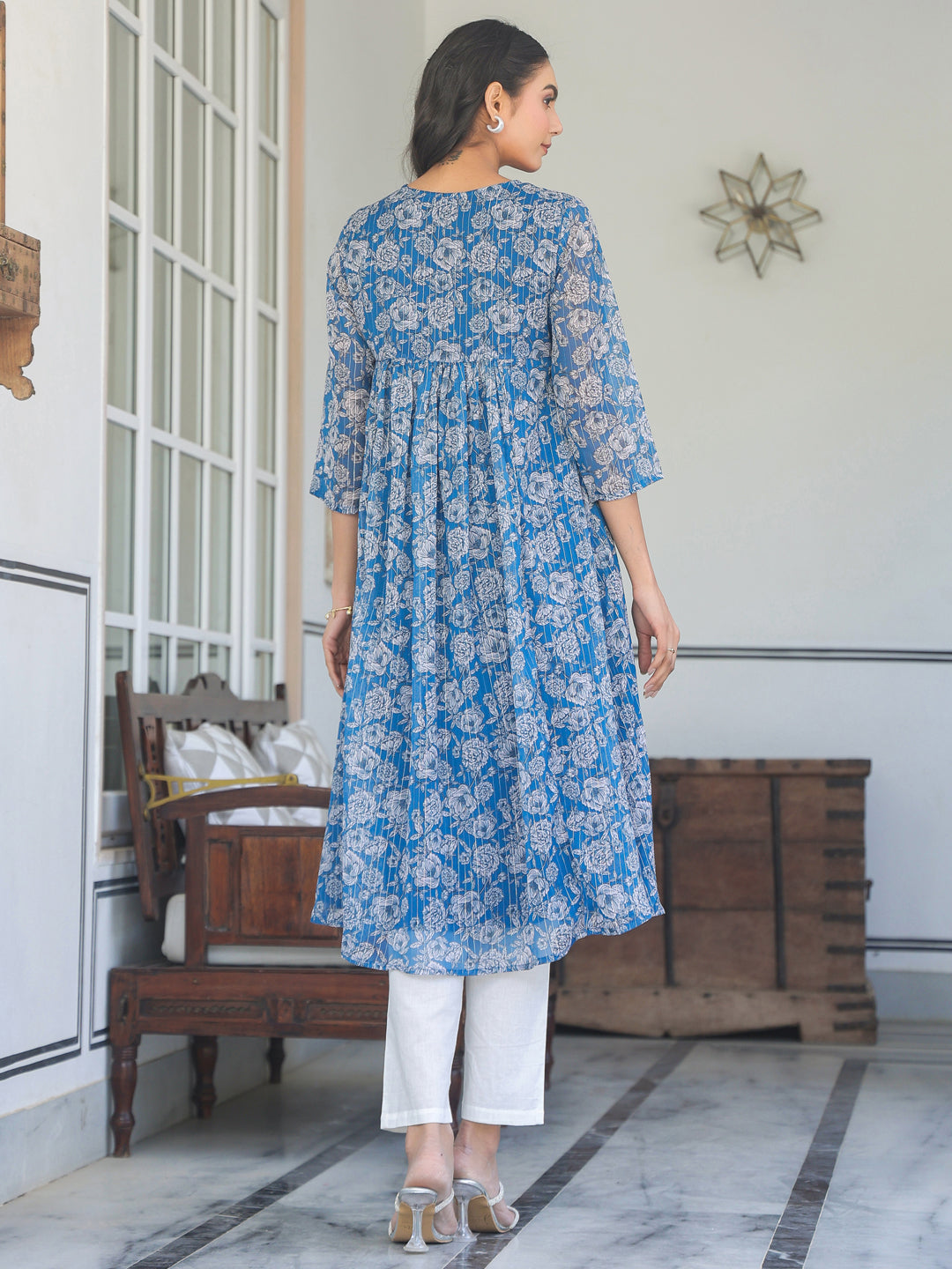 Women's Blue Chiffon Lurex Floral Printed A-line Kurta