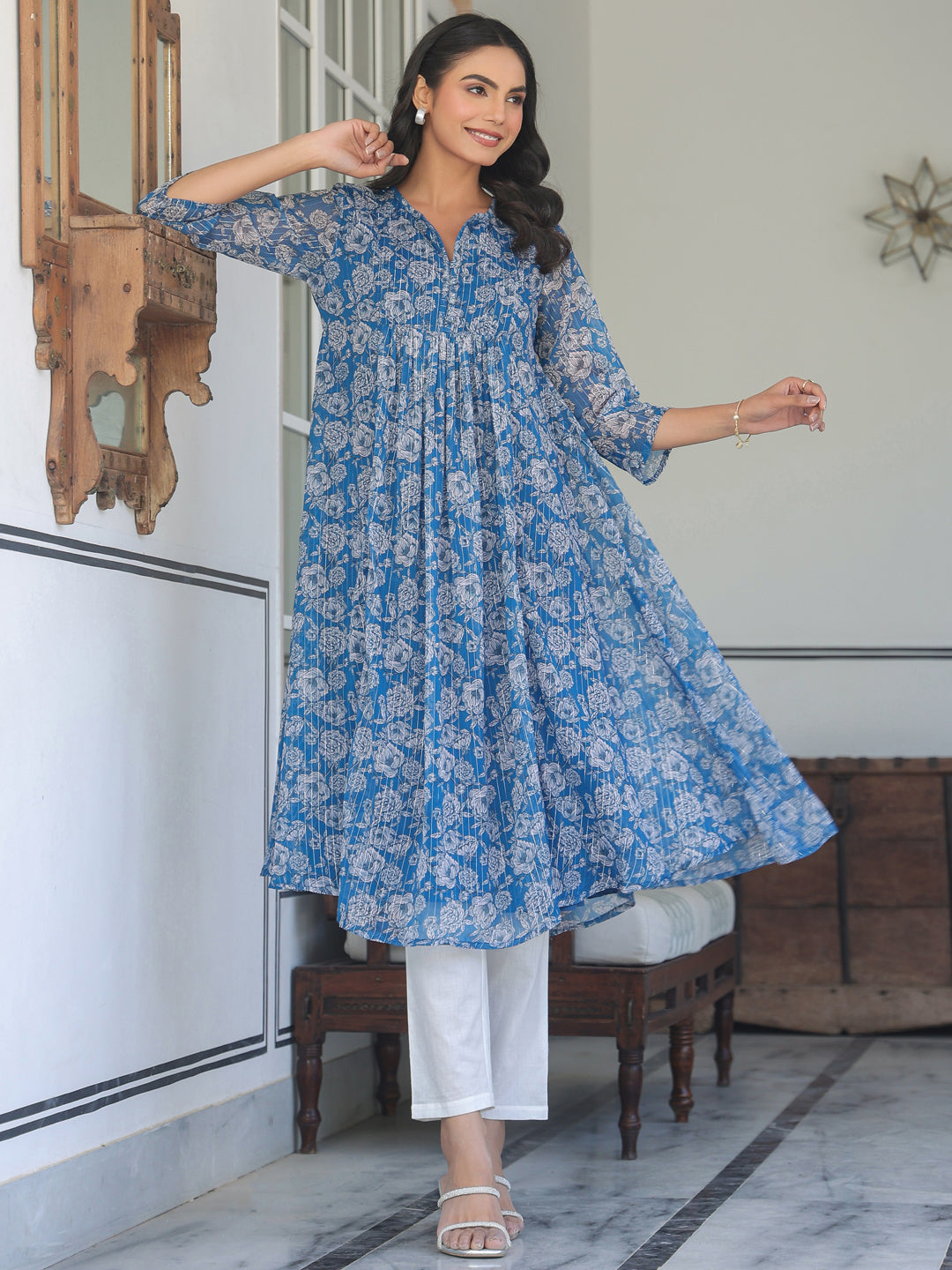 Women's Blue Chiffon Lurex Floral Printed A-line Kurta