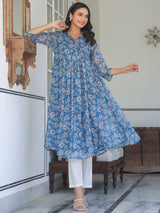Women's Blue Chiffon Lurex Floral Printed A-line Kurta