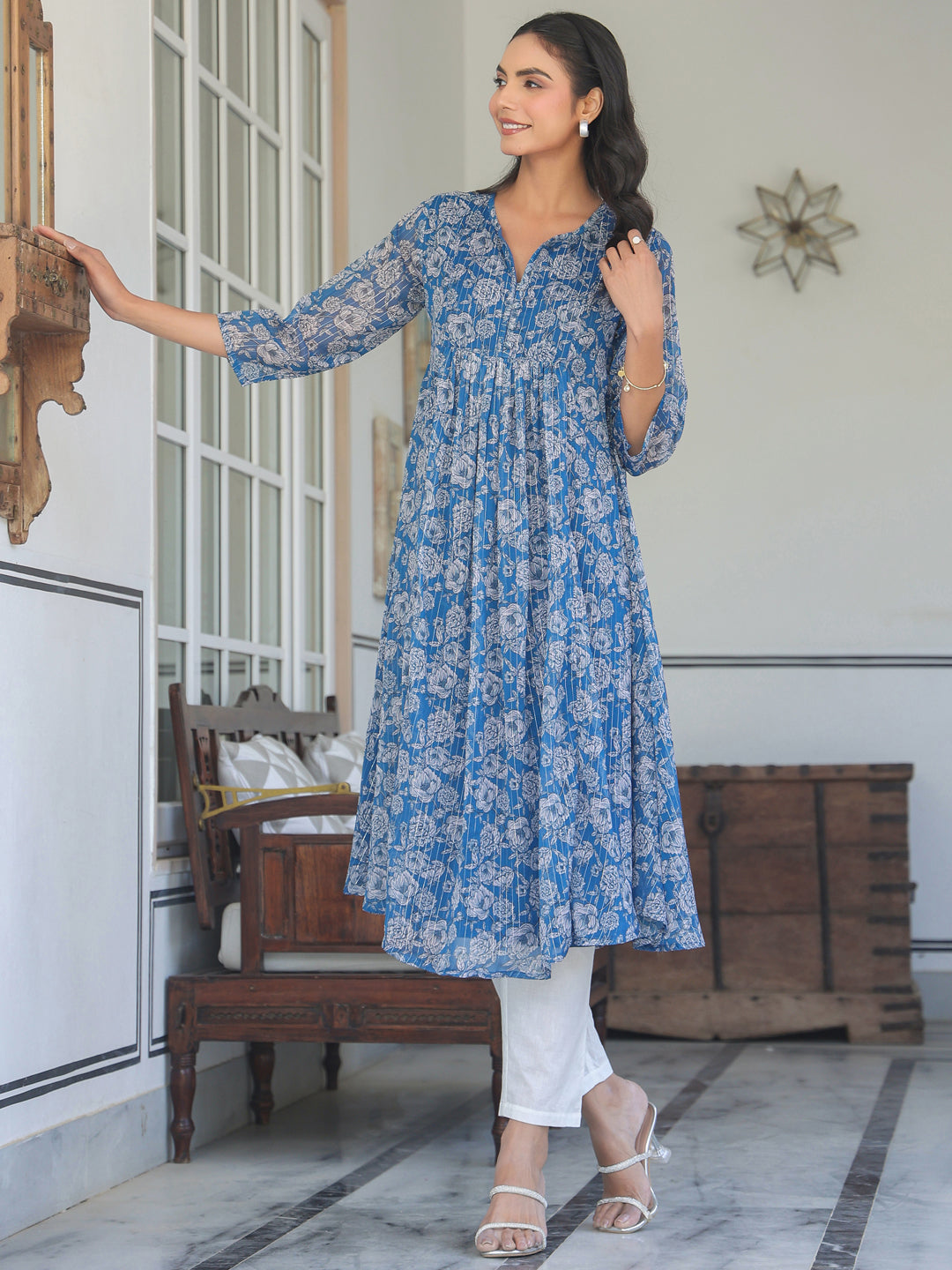 Women's Blue Chiffon Lurex Floral Printed A-line Kurta