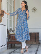 Women's Blue Chiffon Lurex Floral Printed A-line Kurta