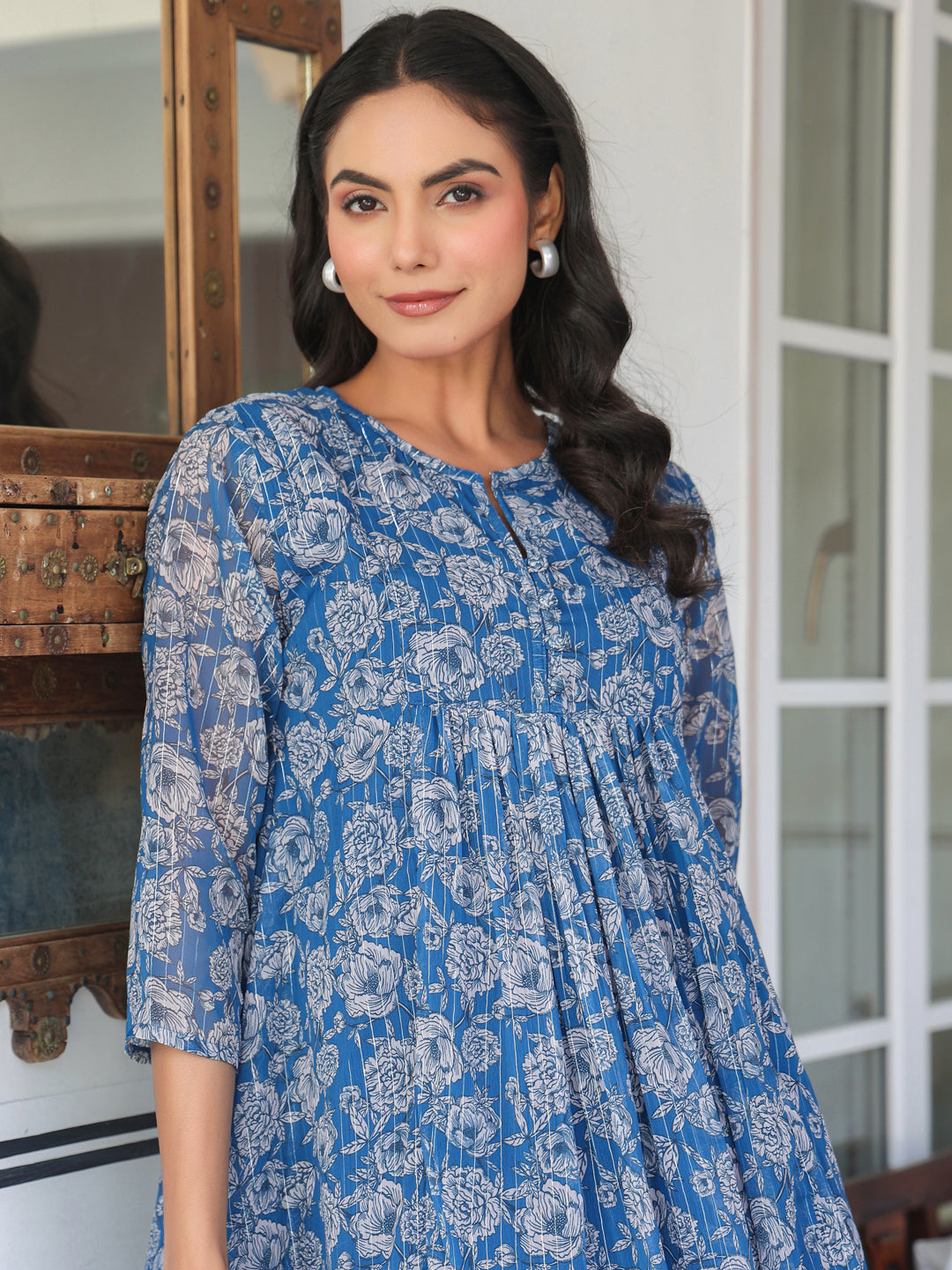 Women's Blue Chiffon Lurex Floral Printed A-line Kurta